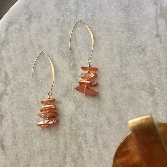 Fire Coral Quartz Stacked Dangle Gold Earrings - Picture 4 of 4